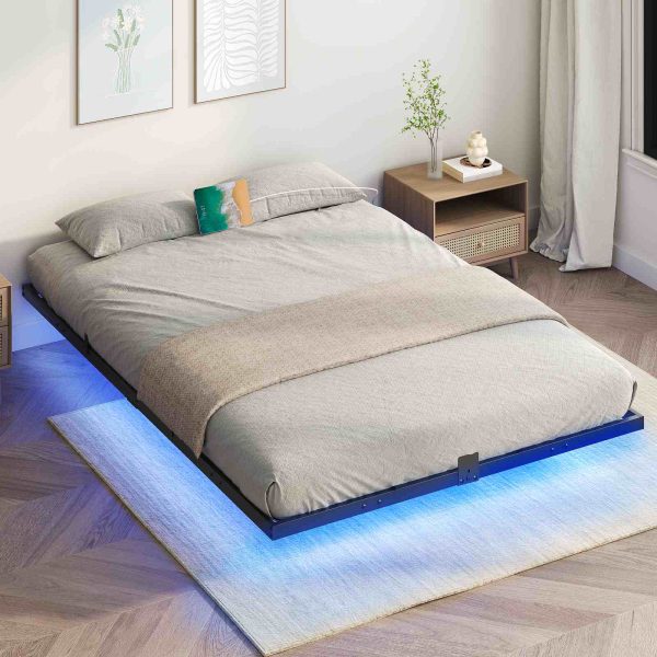 Queen Size Floating Black Metal Platform Bed Frame with Integrated Charging Station and LED Lighting, Industrial Style, Soundless & Stable, No Box Spring Required