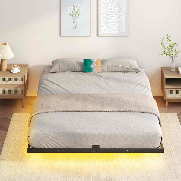 Queen Size Floating Black Metal Platform Bed Frame with Integrated Charging Station and LED Lighting, Industrial Style, Soundless & Stable, No Box Spring Required