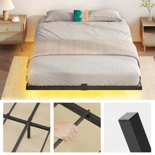 Queen Size Floating Black Metal Platform Bed Frame with Integrated Charging Station and LED Lighting, Industrial Style, Soundless & Stable, No Box Spring Required