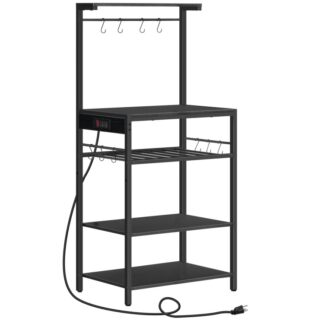 Rack de padeiros de cozinha com tomada, 5-Café Tier com prateleira para vinhos ajustável, Suporte para micro-ondas com 10 Ganchos em forma de S, Prateleira de armazenamento de cozinha, Marrom Rústico