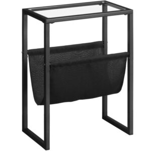 slim black side table, tempered glass end table with fabric magazine sling, small coffee accent table, bedside table for small space, bedroom, living room, modern style, black