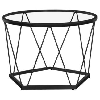 Τραπεζάκι σαλονιού, Μαύρο γυάλινο τραπέζι για σαλόνι, 27.6" Στρογγυλό τραπέζι του καφέ, 1 Τραπέζι κεντρικού στρώματος, Μεταλλικό Πλαίσιο, Εξαγωνικός σχεδιασμός, για μικρό χώρο, Αίθουσα υποδοχής, Διαμέρισμα, Μαύρος