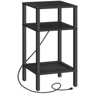 Table de l'extrémité avec station de charge, 3-Table téléphonique à niveaux avec étagères réglables, Table d'appoint étroite avec port Type-C et USB pour le salon, Chambre à coucher, Assemblage facile, Noir