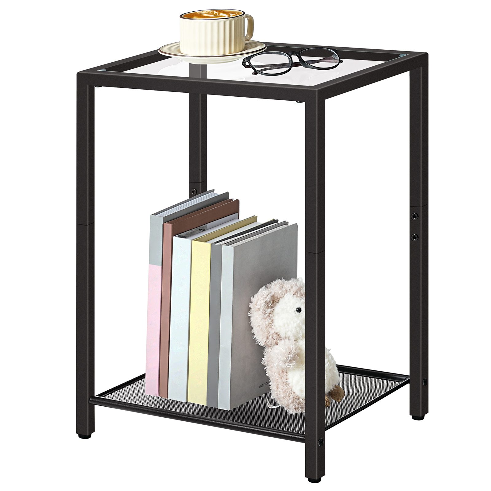 Black Tempered Glass Side Table, 2-Tabela końcowa poziomu & Nightstand for Compact Spaces, Nowoczesna metalowa rama, Nadaje się do biura, Sypialnia, Living Room and Study