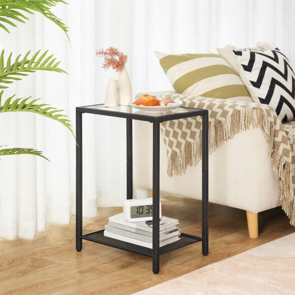 Приставной столик из черного закаленного стекла, 2-Конечный стол уровня & Тумбочка для компактных помещений, Современный металлический каркас, Подходит для офиса, Спальня, Гостиная и кабинет