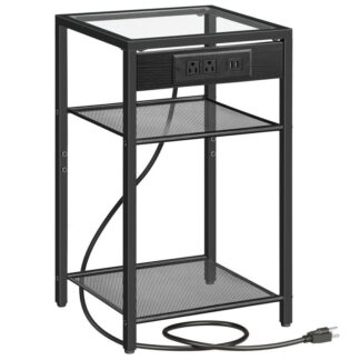 Lasipöytä latausasemalla, 3-Tason hoikka yöpöytä säilytyshyllyillä, päätetaulukko USB -porttien kanssa & pistorasiat, karkaistu lasi, moderni tyyli, olohuoneeseen, makuuhuone, musta