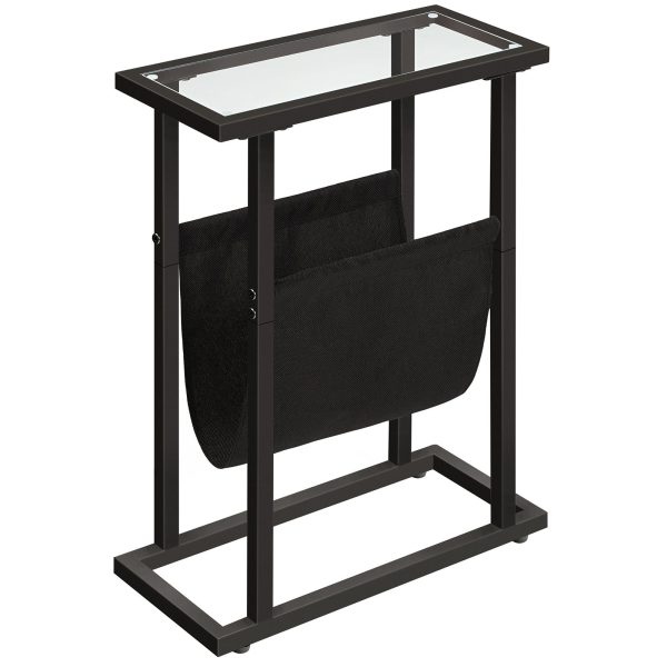 Narrow Tempered Glass Side Table with Magazine Holder, Black Space-Saving Sofa Side Table for Living Room