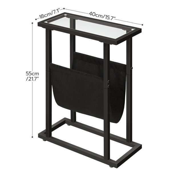 Narrow Tempered Glass Side Table with Magazine Holder, Black Space-Saving Sofa Side Table for Living Room