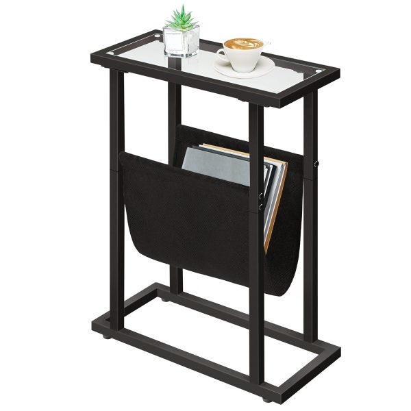 Narrow Tempered Glass Side Table with Magazine Holder, Black Space-Saving Sofa Side Table for Living Room