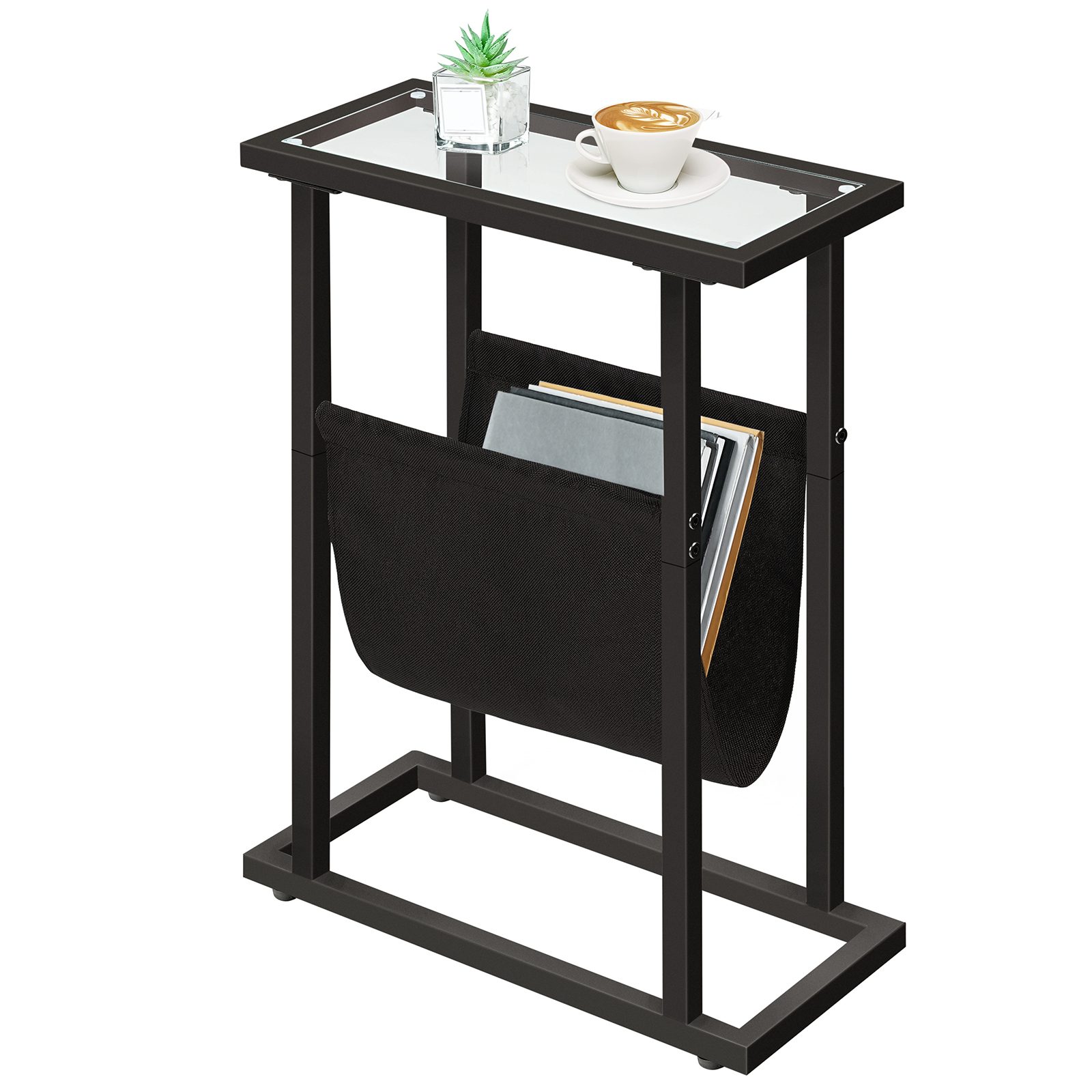 Narrow Tempered Glass Side Table with Magazine Holder, Black Space-Saving Sofa Side Table for Living Room