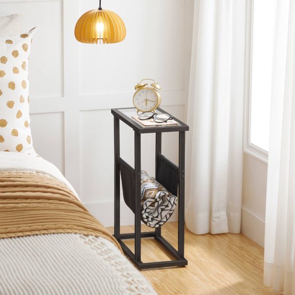 Narrow Tempered Glass Side Table with Magazine Holder, Black Space-Saving Sofa Side Table for Living Room