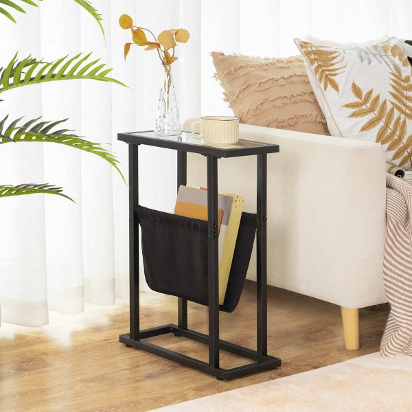 Narrow Tempered Glass Side Table with Magazine Holder, Black Space-Saving Sofa Side Table for Living Room