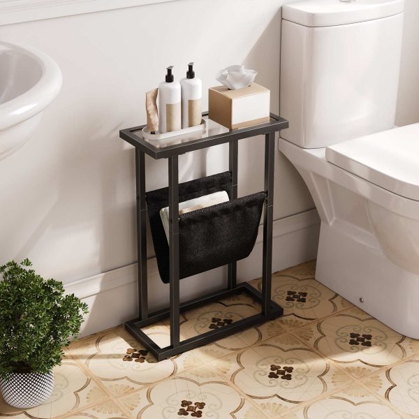 Narrow Tempered Glass Side Table with Magazine Holder, Black Space-Saving Sofa Side Table for Living Room