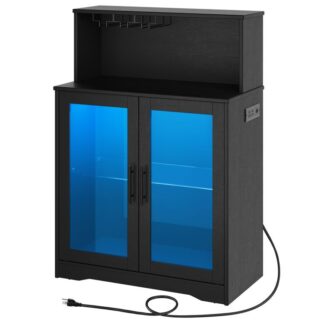 viinikotelot säilytystilassa, LED -viinakaappi sähköpoistoilla, kahvilabaari viinalle ja lasille, Lasikaapin ovet, baariin, ruokasali, keittiö, musta