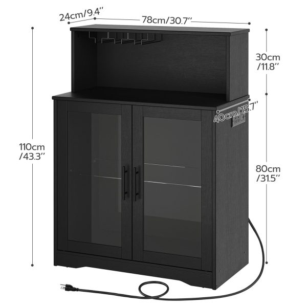 Wine Bar Cabinet with Storage, LED Liquor Cabinet with Power Outlets, Tempered Glass Door Coffee Bar Cabinet for Liquor and Glasses, Suitable for Bar, Dining Room, Kitchen, Black