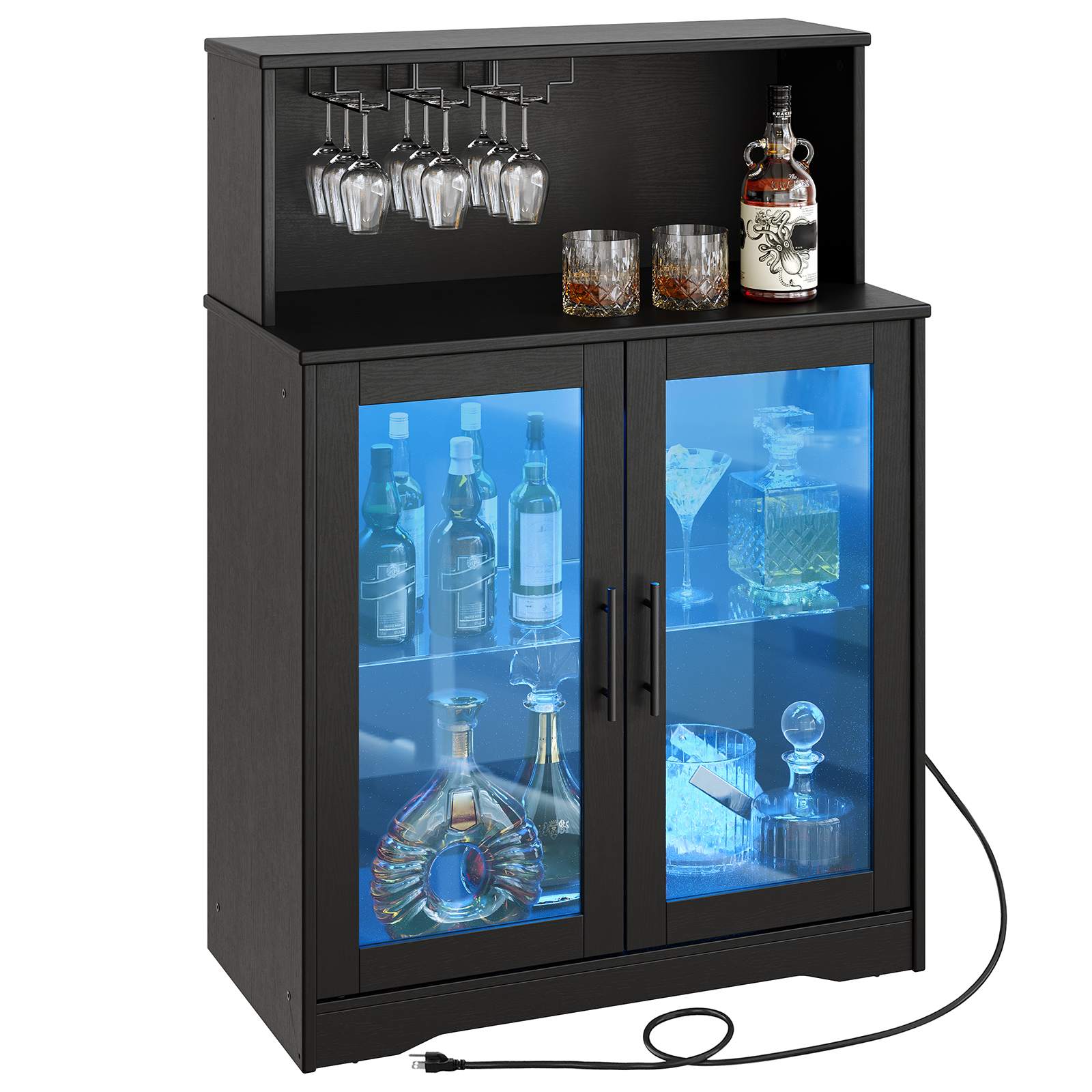 Wine Bar Cabinet with Storage, LED Liquor Cabinet with Power Outlets, Tempered Glass Door Coffee Bar Cabinet for Liquor and Glasses, Suitable for Bar, Dining Room, Kitchen, Black