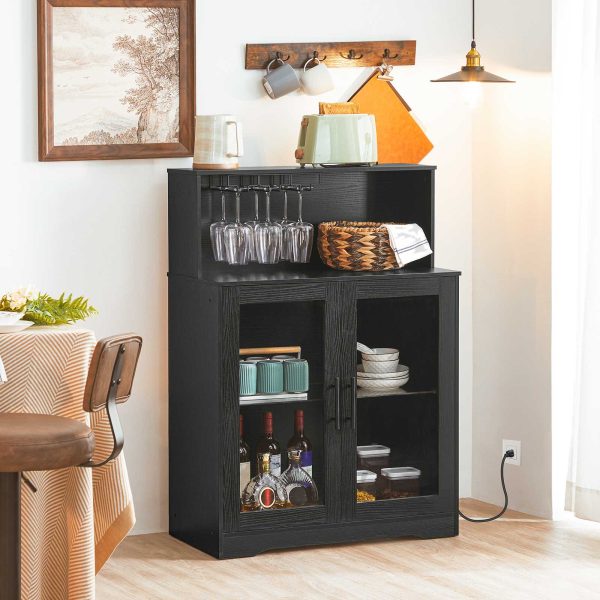 Wine Bar Cabinet with Storage, LED Liquor Cabinet with Power Outlets, Tempered Glass Door Coffee Bar Cabinet for Liquor and Glasses, Suitable for Bar, Dining Room, Kitchen, Black