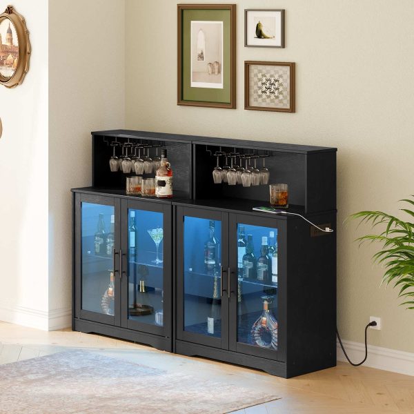 Wine Bar Cabinet with Storage, LED Liquor Cabinet with Power Outlets, Tempered Glass Door Coffee Bar Cabinet for Liquor and Glasses, Suitable for Bar, Dining Room, Kitchen, Black