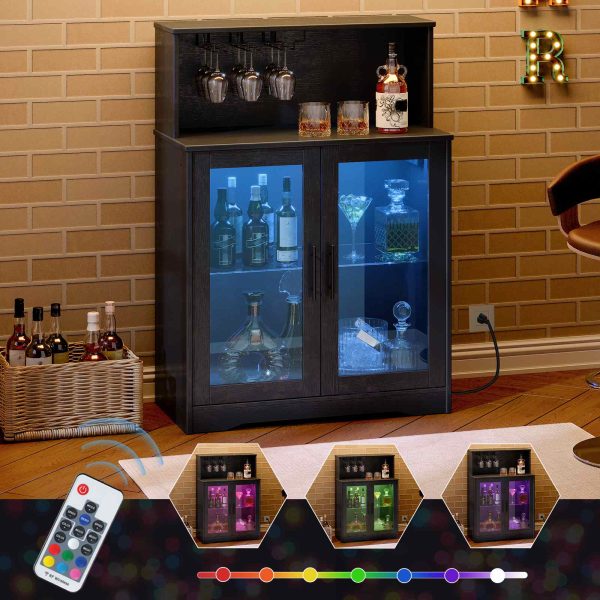 Wine Bar Cabinet with Storage, LED Liquor Cabinet with Power Outlets, Tempered Glass Door Coffee Bar Cabinet for Liquor and Glasses, Suitable for Bar, Dining Room, Kitchen, Black