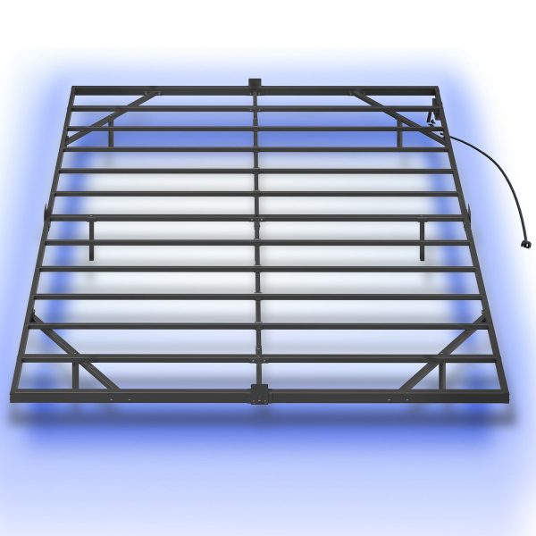 King Size Floating Metal Platform Bed Frame with Integrated Charging Station and LED Lighting, Industrial Style Black, Soundless Design, No Box Spring Required