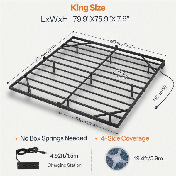 King Size Floating Metal Platform Bed Frame with Integrated Charging Station and LED Lighting, Industrial Style Black, Soundless Design, No Box Spring Required