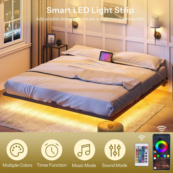 King Size Floating Metal Platform Bed Frame with Integrated Charging Station and LED Lighting, Industrial Style Black, Soundless Design, No Box Spring Required