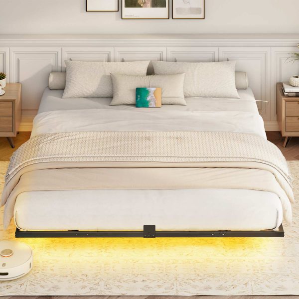 King Size Floating Metal Platform Bed Frame with Integrated Charging Station and LED Lighting, Industrial Style Black, Soundless Design, No Box Spring Required