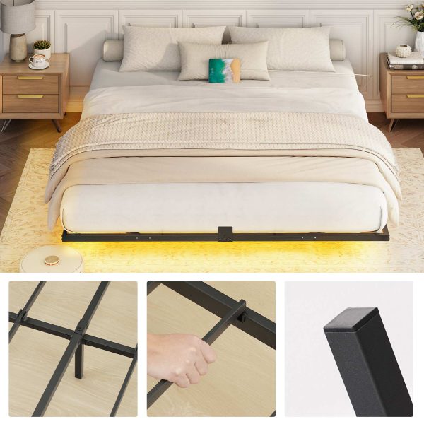 King Size Floating Metal Platform Bed Frame with Integrated Charging Station and LED Lighting, Industrial Style Black, Soundless Design, No Box Spring Required
