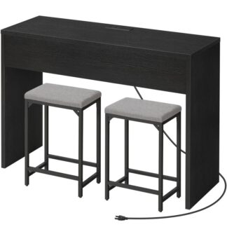 مجموعة طاولة بار مع مخرج طاقة, طاولة الشريط ومجموعة الكرسي, 3-طاولة ارتفاع حانة مع براز تنجيد من 2, مجموعة طاولة الطعام, صلبة ومستقرة, ألواح الساق السميكة, أسود