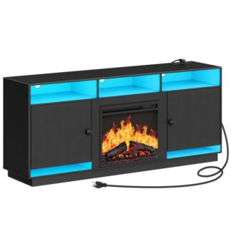 Подставка для телевизора с электрическим камином со светодиодной подсветкой и розетками, Черная телевизионная консоль для 32" 43" 50" 55" 65", Развлекательный центр с хранилищем и регулируемыми стеклянными полками, Черный