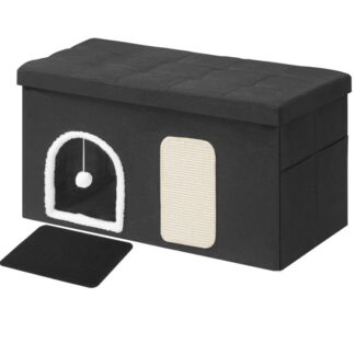 حاوية صندوق فضلات القطط, 35.4" حاوية صندوق الفضلات المخفية, أثاث صندوق فضلات القطط مع بساط القطط, تتضمن لوح الخدش ولعبة القطط, ضد للماء, تجميع سهل, أسود