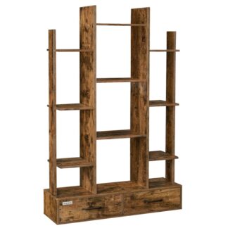 خزائن الكتب وأرفف الكتب, 4-خزانة الكتب مع 12 رفوف و 2 أدراج, رفوف الكتب الخشبية, رف الكتب الصناعية, خزائن الكتب الحديثة الطويلة لغرفة المعيشة, مكتب البيت, ريفي براون