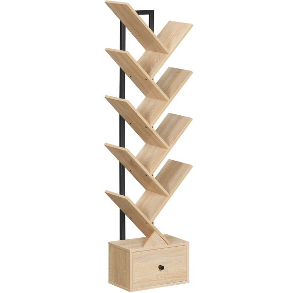 9-Tier Tree-Shaped Bookcase, Vintage-Style Book Organizer & CD Storage Rack, Black and Natural Wood Color, Suitable for Living Room, Bedroom and Study