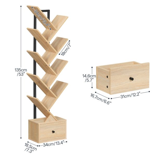 9-Tier Tree-Shaped Bookcase, Vintage-Style Book Organizer & CD Storage Rack, Black and Natural Wood Color, Suitable for Living Room, Bedroom and Study