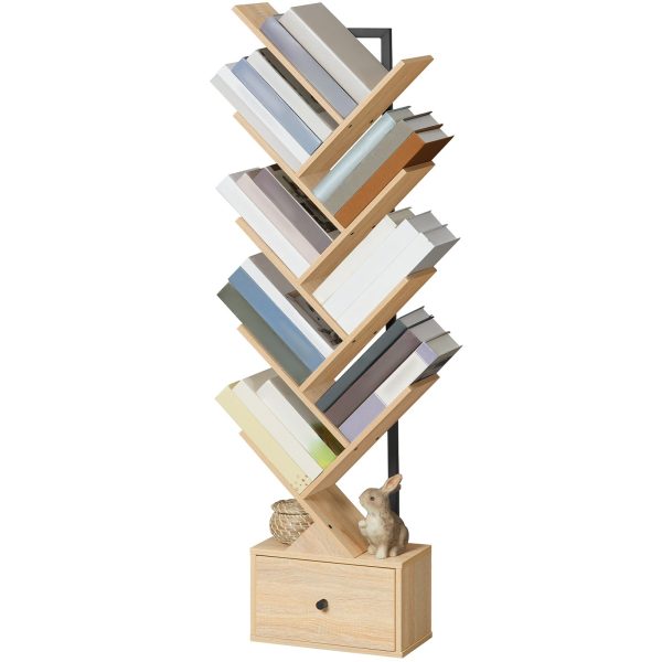 9-Tier Tree-Shaped Bookcase, Vintage-Style Book Organizer & CD Storage Rack, Black and Natural Wood Color, Suitable for Living Room, Bedroom and Study