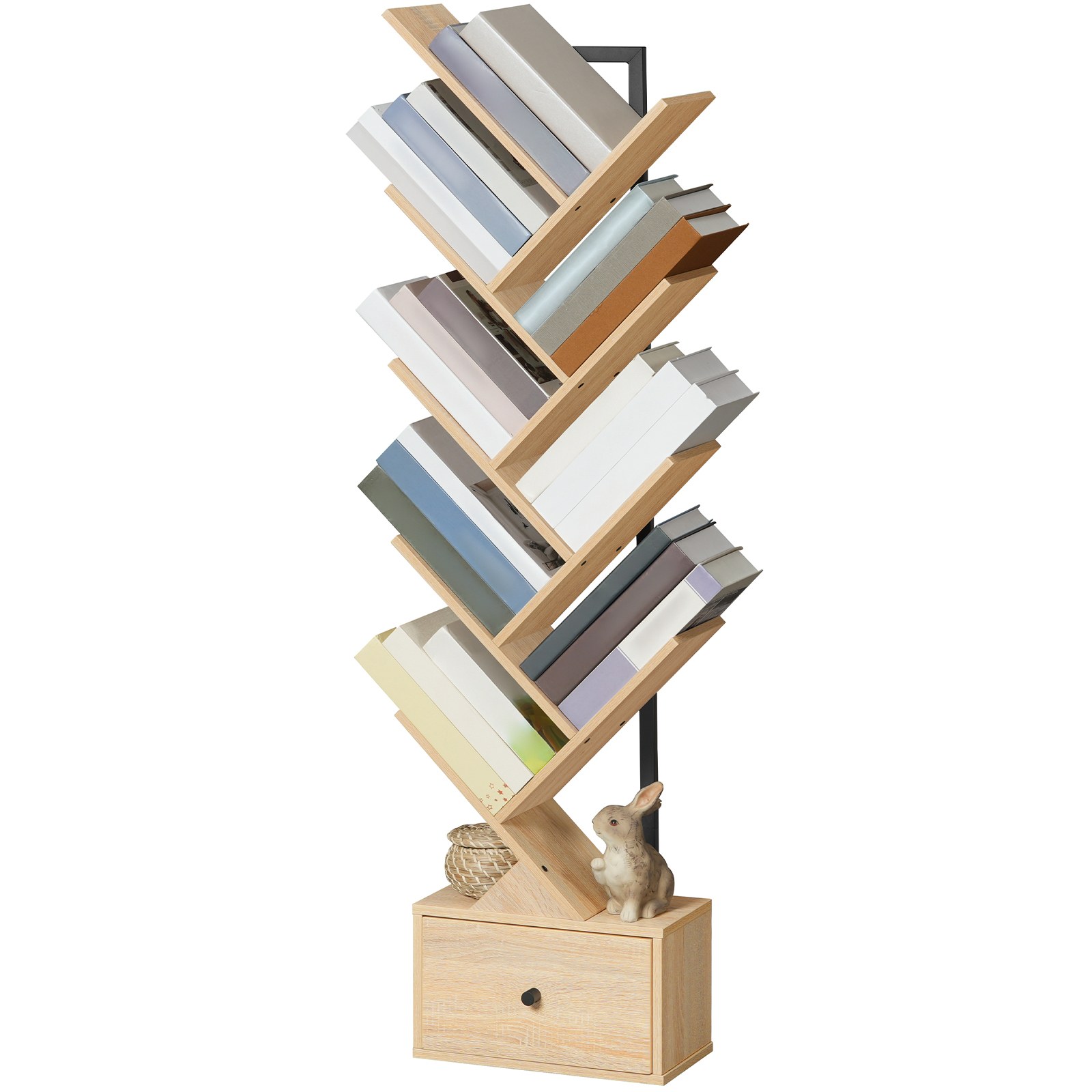 9-Tier Tree-Shaped Bookcase, Vintage-Style Book Organizer & CD Storage Rack, Black and Natural Wood Color, Suitable for Living Room, Bedroom and Study