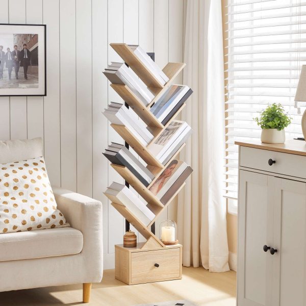 9-Tier Tree-Shaped Bookcase, Vintage-Style Book Organizer & CD Storage Rack, Black and Natural Wood Color, Suitable for Living Room, Bedroom and Study