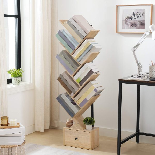 9-Tier Tree-Shaped Bookcase, Vintage-Style Book Organizer & CD Storage Rack, Black and Natural Wood Color, Suitable for Living Room, Bedroom and Study