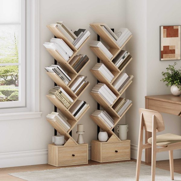 9-Tier Tree-Shaped Bookcase, Vintage-Style Book Organizer & CD Storage Rack, Black and Natural Wood Color, Suitable for Living Room, Bedroom and Study