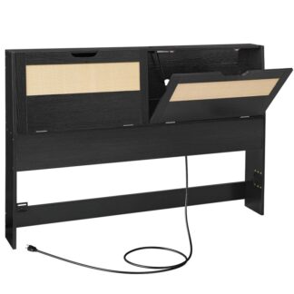 Queen -päähenkilöt säilytystilassa, Queen -size -sängyn päätylaudat vain pistorasiat, Puinen säädettävä korkeus makuuhuoneen säilytyshyllyillä, Helppo kokoonpano, Musta ja kevyt