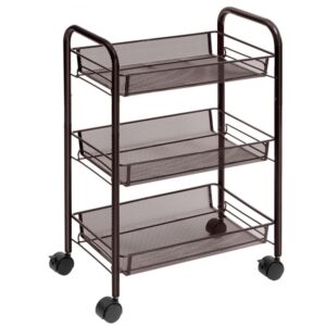 rolling cart, 3-tier mesh wire storage utility cart, multifunction cart with 3 adjustable wire baskets and lockable wheels, easy to assemble, for home, kitchen, office, brown