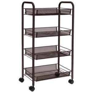 rolling cart, 4-tier mesh wire storage utility cart, multifunction cart with 4 adjustable wire baskets and lockable wheels, easy to assemble, for home, kitchen, office, brown