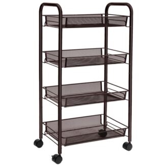 καροτσάκι, 4-Αρχείο αποθήκευσης καλωδίων πλέγματος Tier Mesh, καροτσάκι πολυλειτουργίας με 4 Ρυθμιζόμενα καλάθια καλωδίων και κλειδαρισμένοι τροχοί, Εύκολο στη συναρμολόγηση, για σπίτι, κουζίνα, γραφείο, καστανός