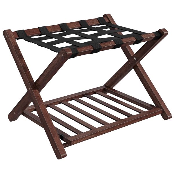 رف أمتعة من الخيزران قابل للطي مع رف تخزين مزدوج الطبقة, دعم حزام النايلون, 110 سعة تحميل رطل, يناسب حقائب السفر مقاس 26 بوصة, للفندق & غرفة نوم, بني