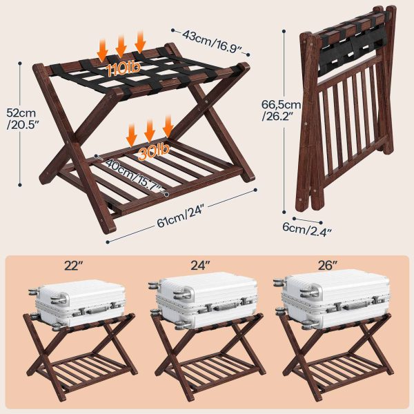 رف أمتعة من الخيزران قابل للطي مع رف تخزين مزدوج الطبقة, دعم حزام النايلون, 110 سعة تحميل رطل, يناسب حقائب السفر مقاس 26 بوصة, للفندق & غرفة نوم, بني
