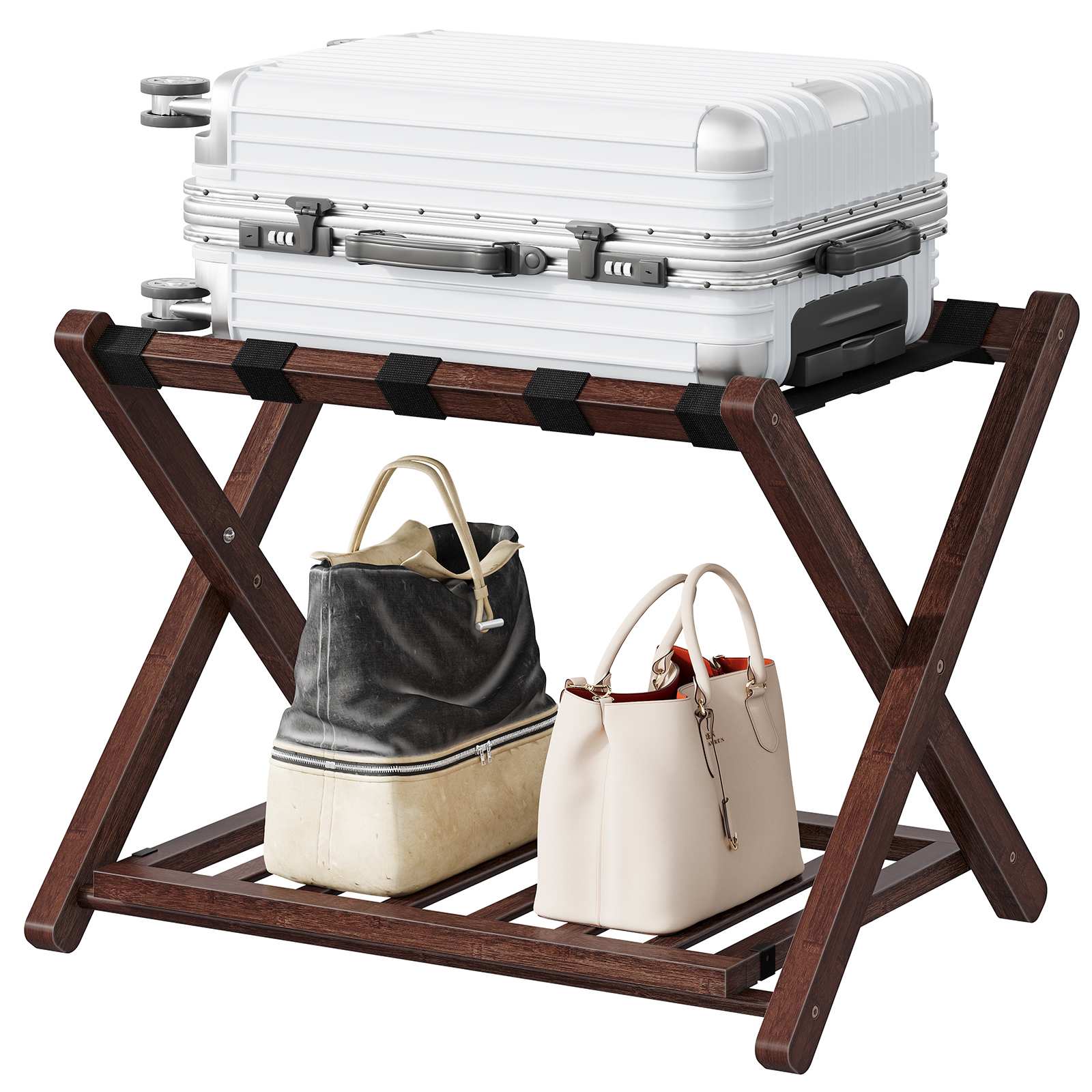 رف أمتعة من الخيزران قابل للطي مع رف تخزين مزدوج الطبقة, دعم حزام النايلون, 110 سعة تحميل رطل, يناسب حقائب السفر مقاس 26 بوصة, للفندق & غرفة نوم, بني