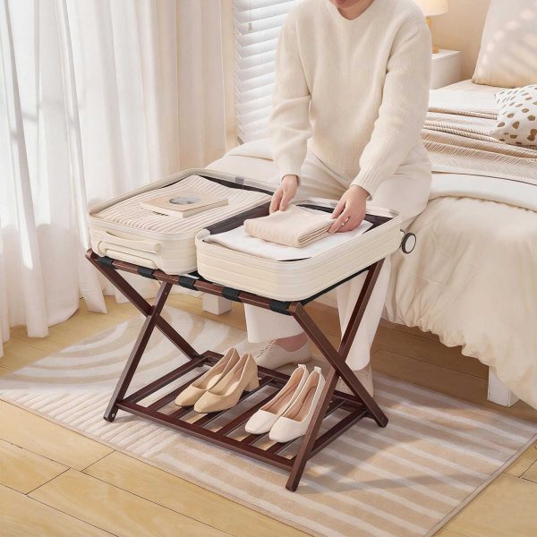 رف أمتعة من الخيزران قابل للطي مع رف تخزين مزدوج الطبقة, دعم حزام النايلون, 110 سعة تحميل رطل, يناسب حقائب السفر مقاس 26 بوصة, للفندق & غرفة نوم, بني