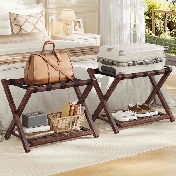 رف أمتعة من الخيزران قابل للطي مع رف تخزين مزدوج الطبقة, دعم حزام النايلون, 110 سعة تحميل رطل, يناسب حقائب السفر مقاس 26 بوصة, للفندق & غرفة نوم, بني