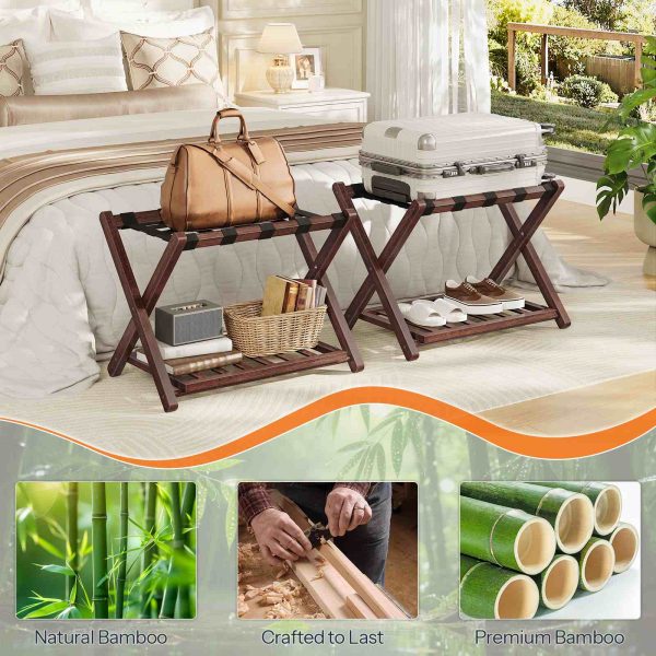 رف أمتعة من الخيزران قابل للطي مع رف تخزين مزدوج الطبقة, دعم حزام النايلون, 110 سعة تحميل رطل, يناسب حقائب السفر مقاس 26 بوصة, للفندق & غرفة نوم, بني