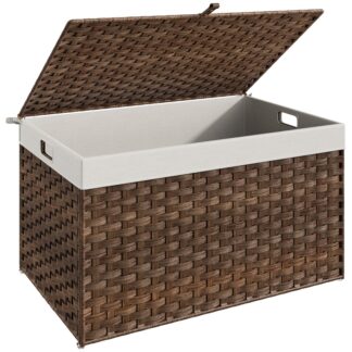 Panier de stockage naturel avec couvercle, 160L Panier en osier à capacité, Panier de rangement à couverture à la main avec poignées, Cadre métallique et doublure douce, Pliable pour la chambre, Buanderie